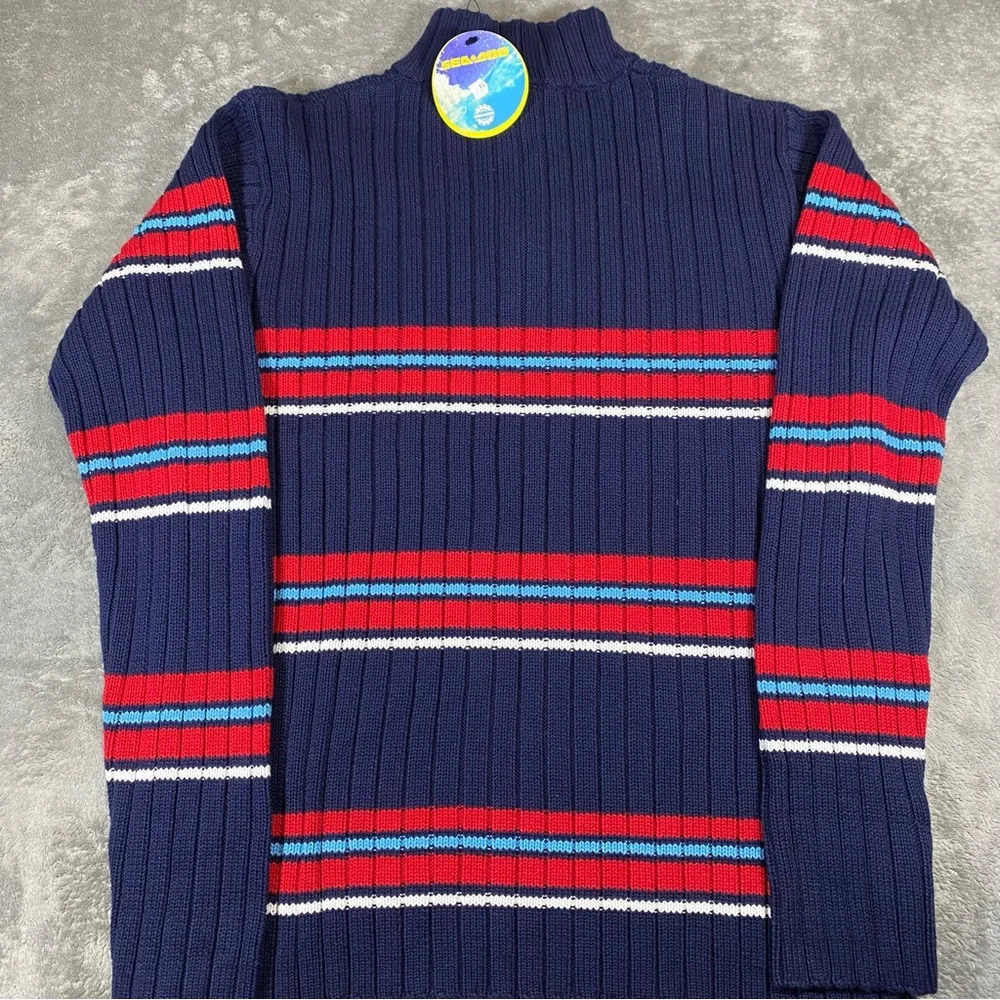 Knit Sweater Men’s Large Chunky Bombardier Key West 1/4 Zip Striped Blue Red - Picture 8 of 13